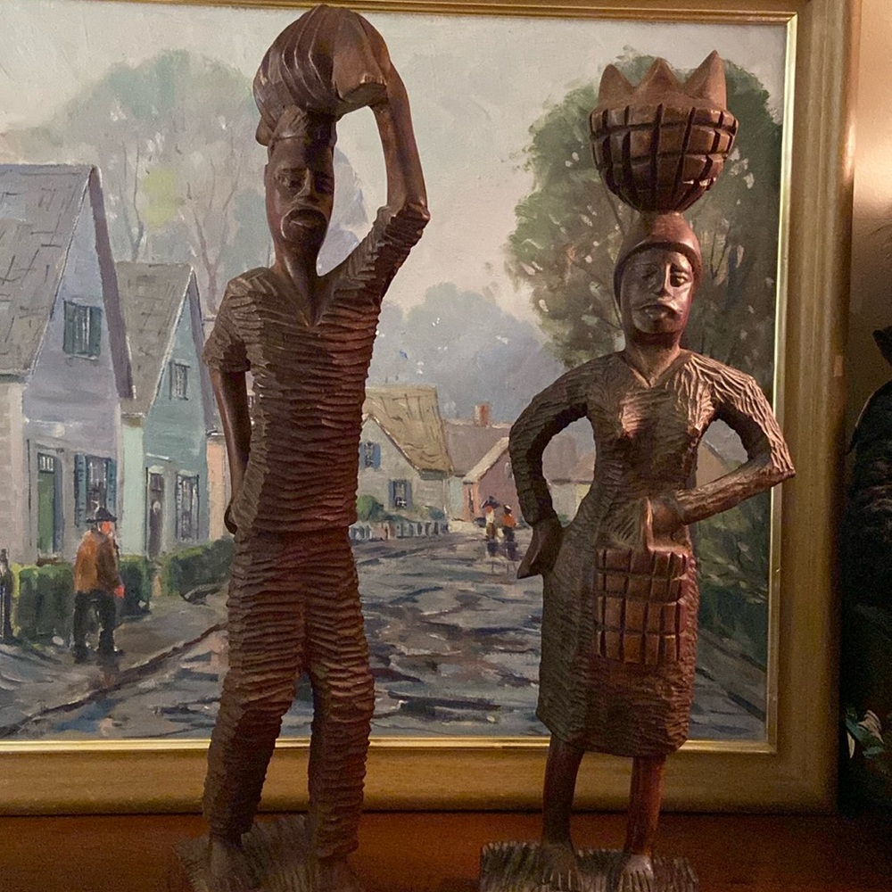Vintage African hand carved wood Tribal couple carrying basket and fruit